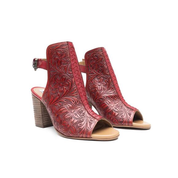 Red Tooled Leather Heels Sandals - Picture 1 of 4
